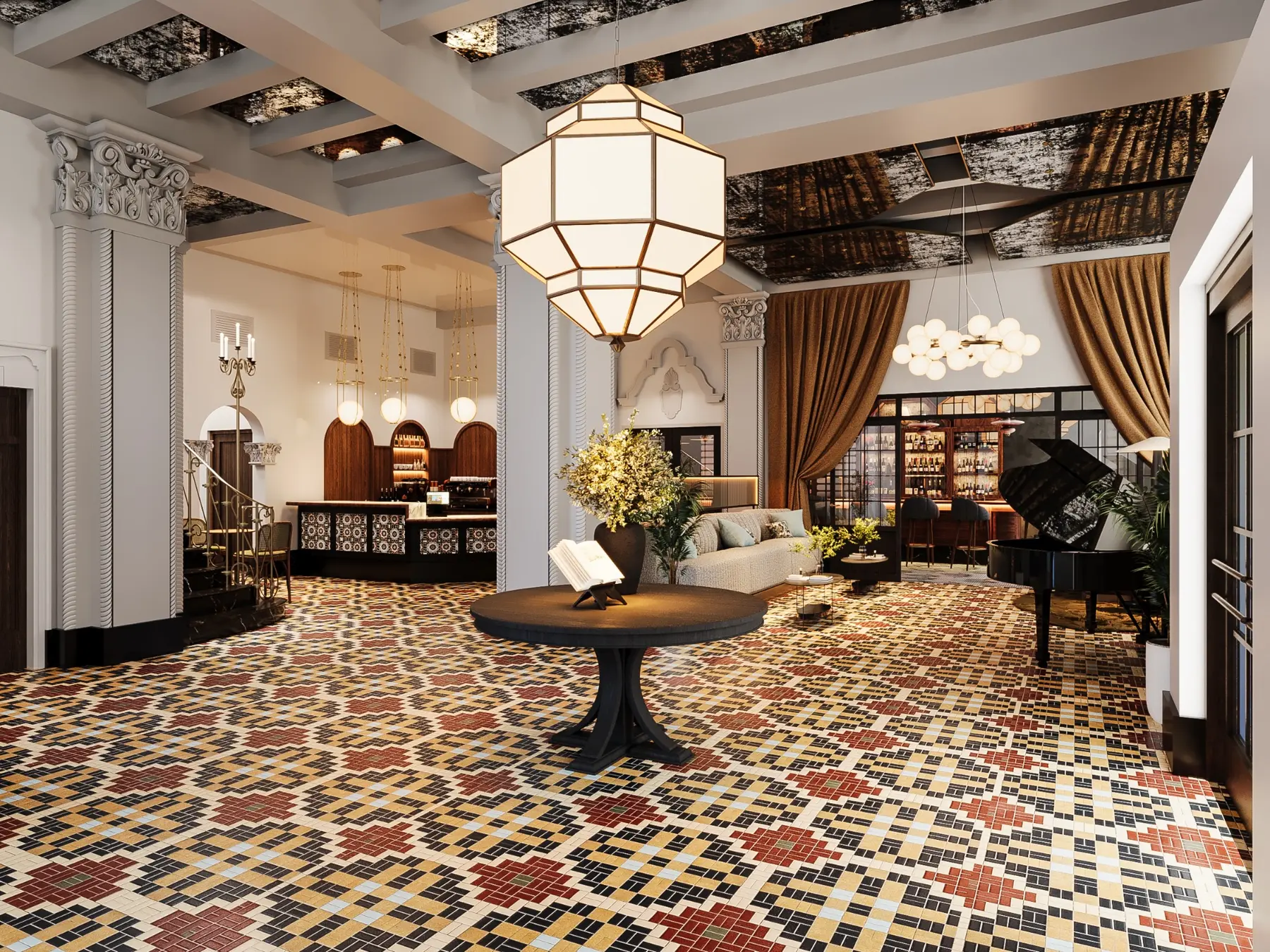 Heritage hotel lobby architectural visualization for The Park Hotel Hot Springs