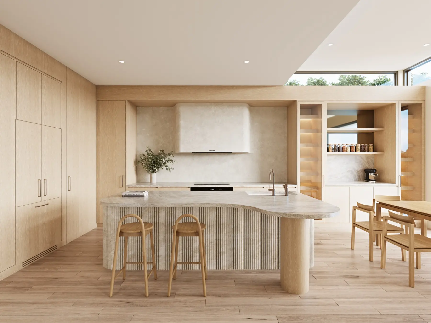 Warm natural timber kitchen and dining interior architectural rendering in Burraneer Sydney