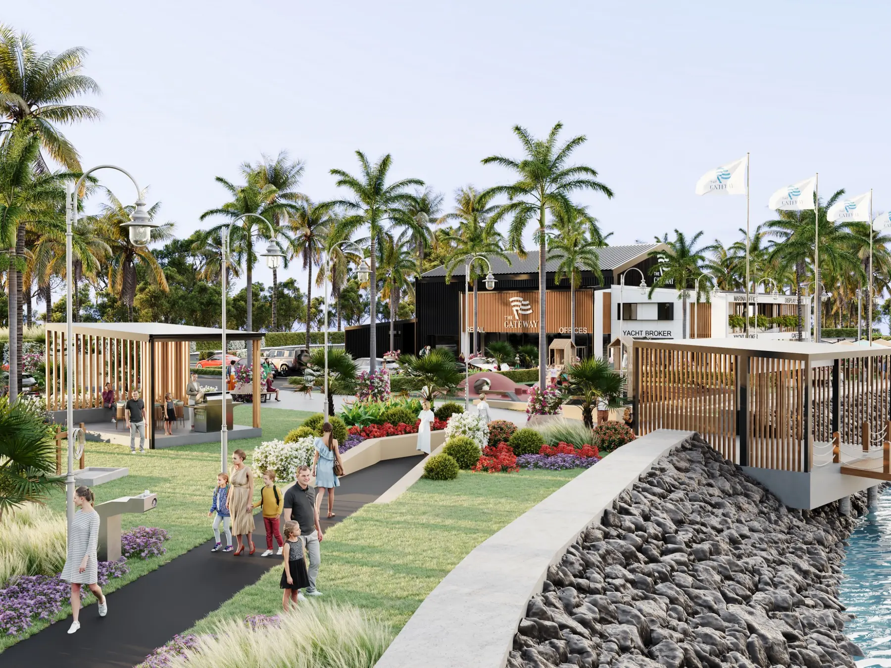 Waterfront public realm and harbour development architectural visualization in Burnett Harbour Queensland