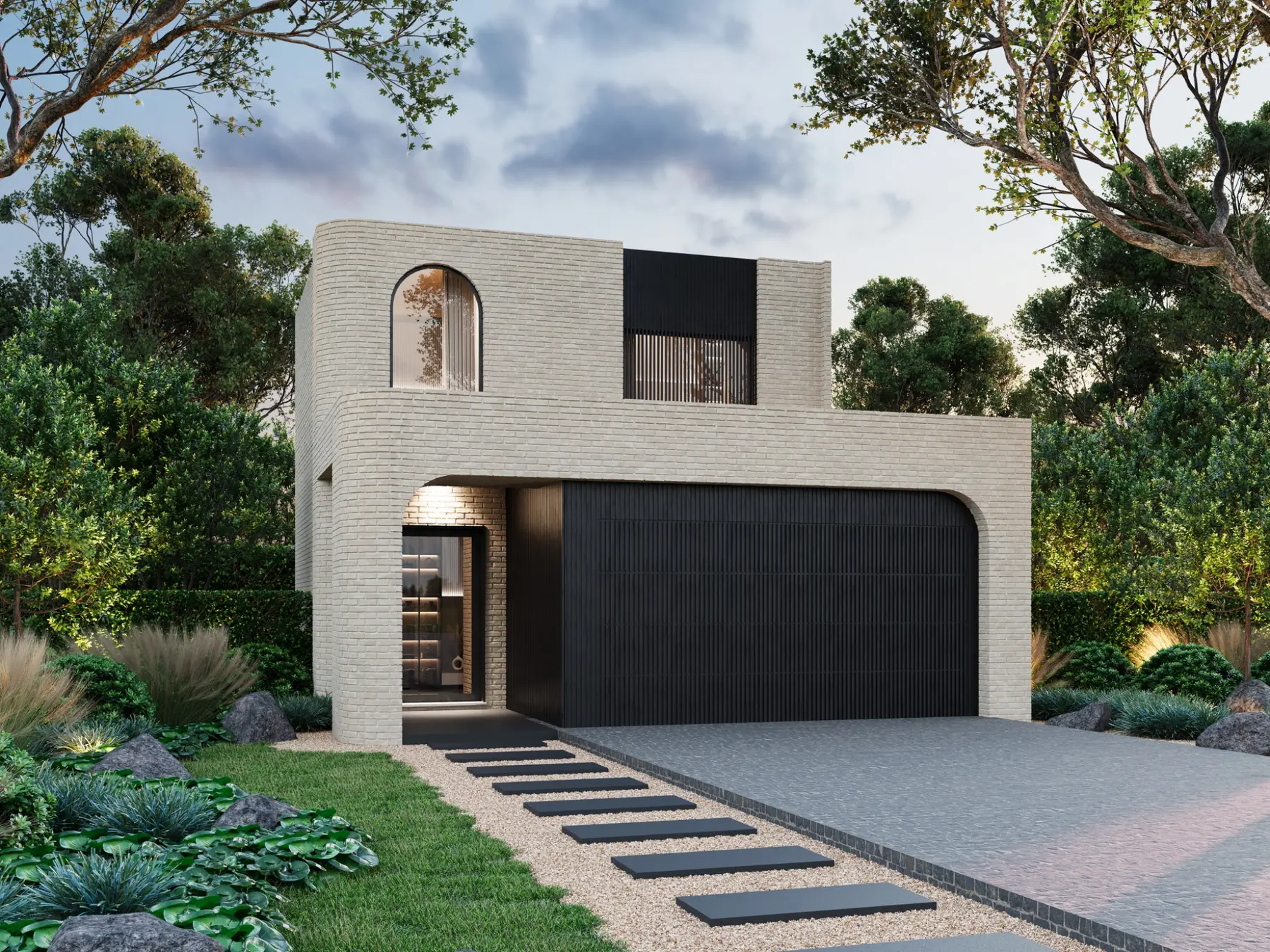 Contemporary two-storey home facade architectural rendering with landscaped garden