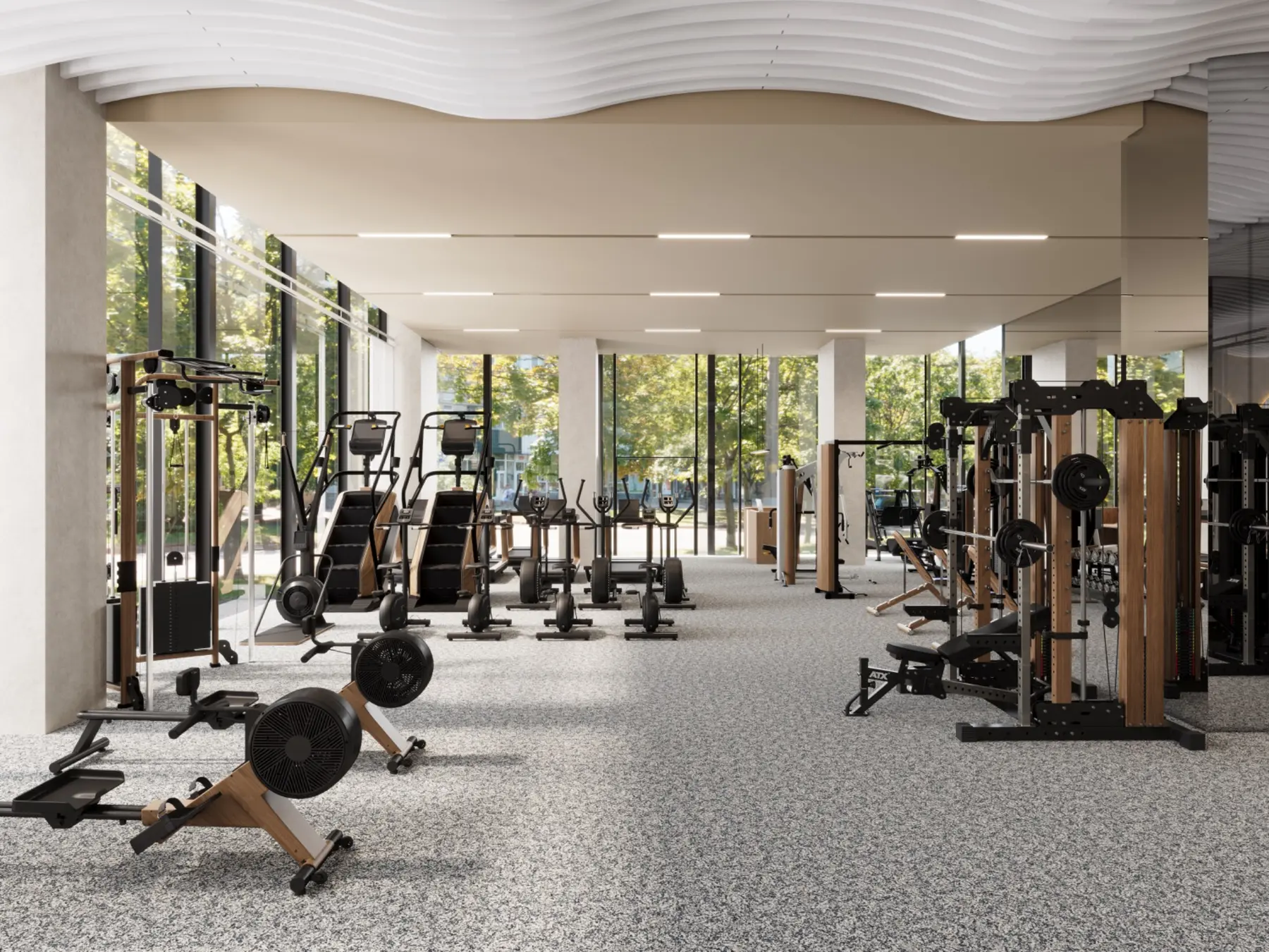 Contemporary gym workout space interior architectural visualization at King Square