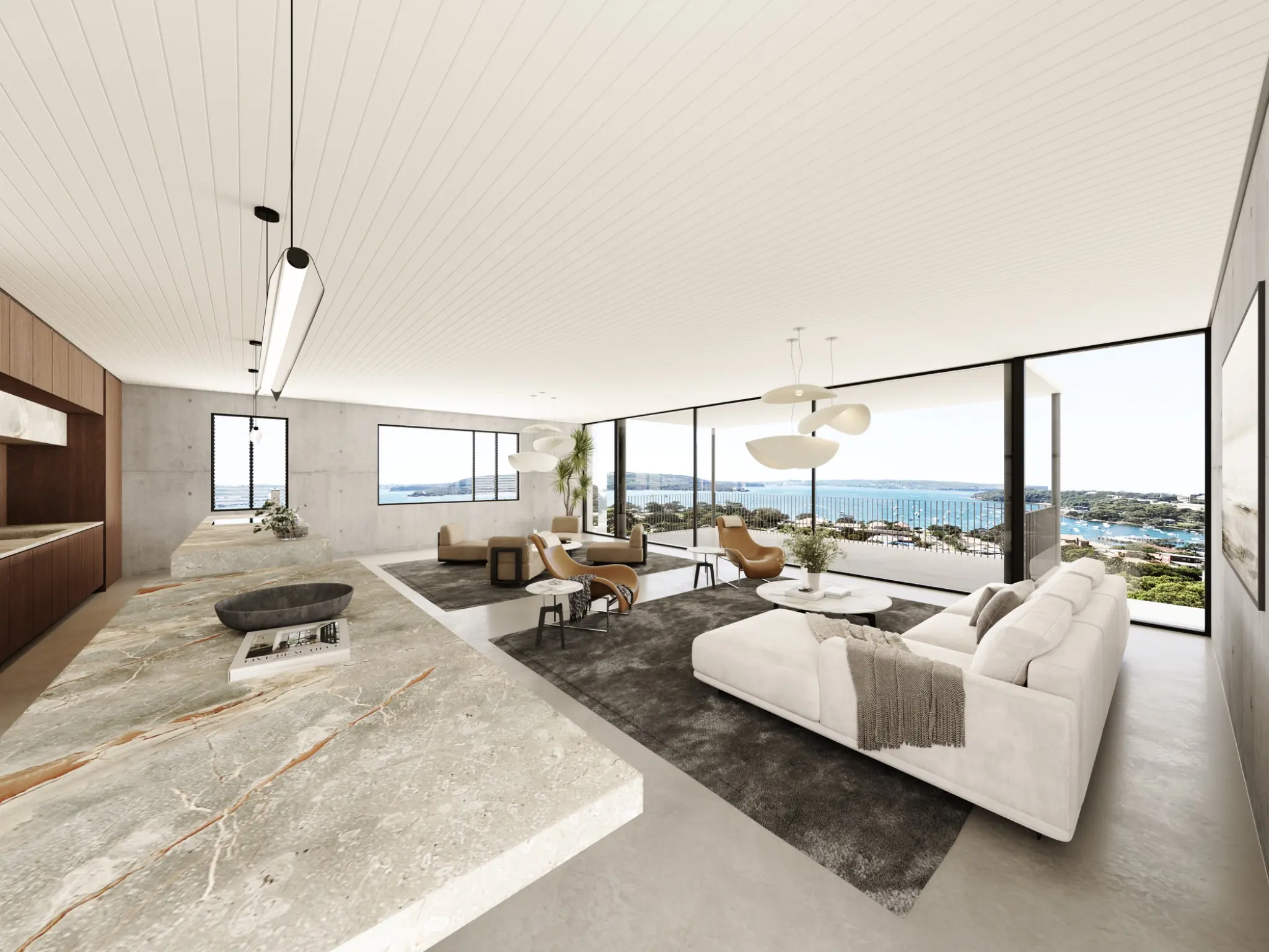 Luxury open-plan living and kitchen interior architectural visualization with Sydney Harbour views at Redan Street Mosman