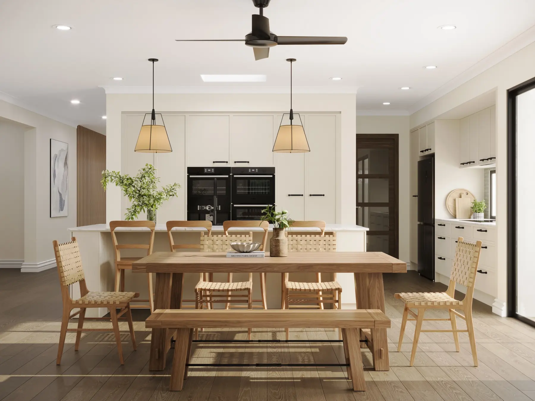 Contemporary farmhouse kitchen and dining architectural rendering at Walloon Highlands
