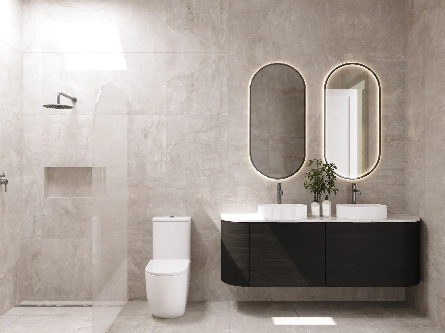 Minimal stone bathroom interior architectural rendering in Malmsbury Victoria