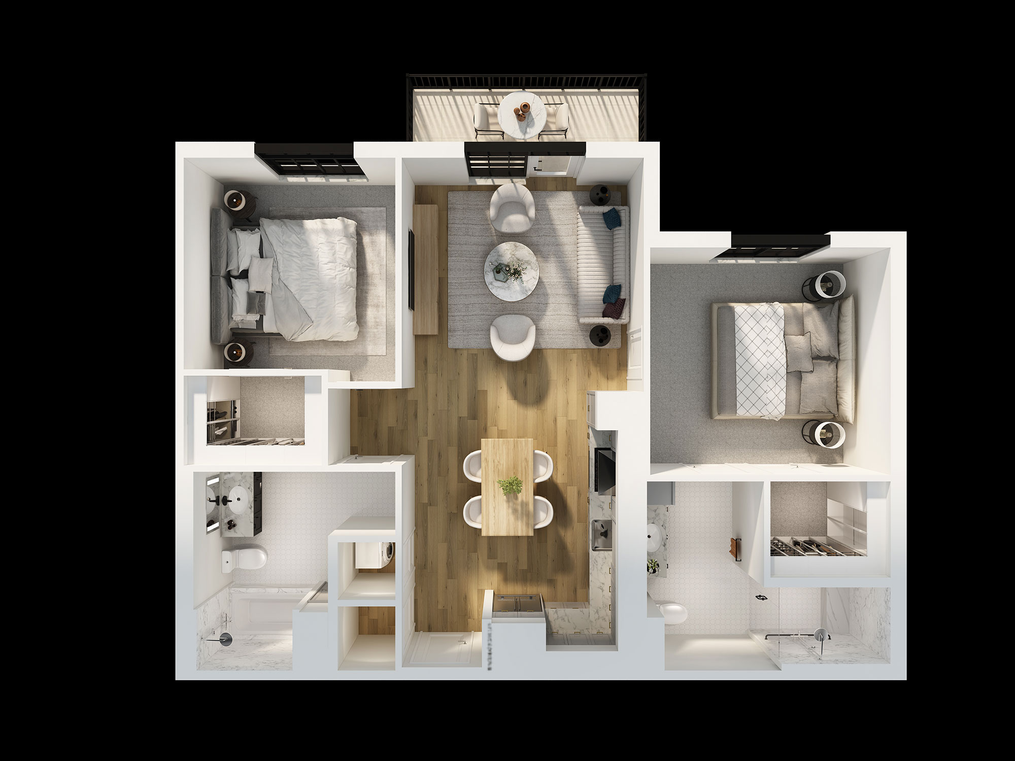 Modern apartment layout with furniture